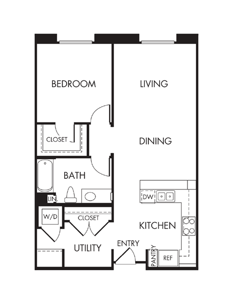 Floor plan for 1 bed, 1 bath, 888 sqft